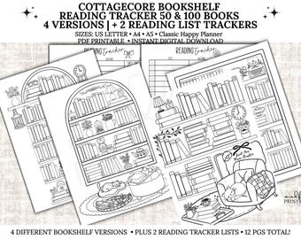 Rastreador de lectura de estantería Cottagecore Registro de lectura imprimible Rastreador de libros para colorear Desafío de lectura de 50 y 100 libros PDF Carta/A4/A5/HP Clásico