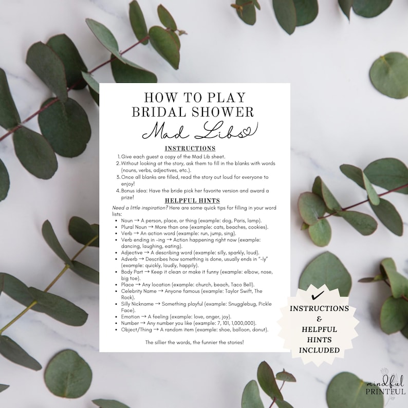 Bridal shower mad libs printable game bundle featuring 7 funny wedding-themed stories including The First Date, A Love Story, The Proposal, The Wedding Vows, A Wedding Story, The Honeymoon, and Wedding Advice. Perfect for bridal showers, bachelorette parties, rehearsal dinners, and wedding celebrations. Instant download party game with word lists and story pages for endless laughter and keepsake fun.