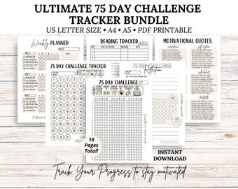 75 Day Challenge Tracker Bundle Printable 75 Challenge Tracker Fitness & Wellness Tracker Weekly Planner Reading Log PDF Instant Download
