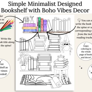May include: A black and white printable coloring page featuring a minimalist bookshelf with boho vibes decor. The bookshelf has multiple shelves with books, plants, and a candle. The text "BOOK TITLE" is written on one of the books. The page includes instructions for coloring and writing book titles.