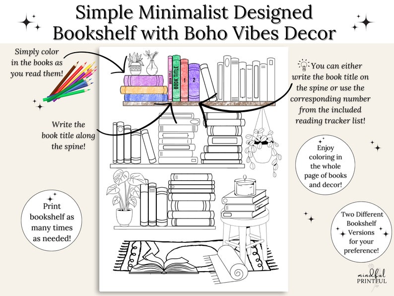 May include: A black and white printable coloring page featuring a minimalist bookshelf with boho vibes decor. The bookshelf has multiple shelves with books, plants, and a candle. The text "BOOK TITLE" is written on one of the books. The page includes instructions for coloring and writing book titles.