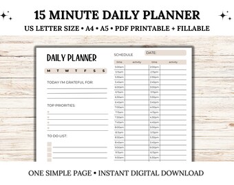 15 Minute Daily Planner, Hourly Planner, Daily Schedule, Daily To-Do list, Appointment Tracker, Time Blocking, Time Management PDF Printable
