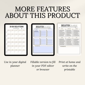 Op de afbeelding: Afbeelding met drie checklists voor het opruimen. De eerste is een kalender van 30 dagen. De tweede is een invulbare checklist. De derde is een afdrukbare checklist. Tekst op de afbeelding luidt "MORE FEATURES ABOUT THIS PRODUCT".