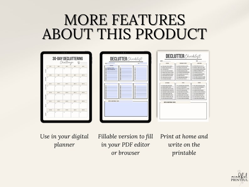 Op de afbeelding: Afbeelding met drie checklists voor het opruimen. De eerste is een kalender van 30 dagen. De tweede is een invulbare checklist. De derde is een afdrukbare checklist. Tekst op de afbeelding luidt "MORE FEATURES ABOUT THIS PRODUCT".