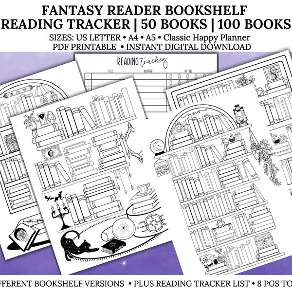 Fantasy-boekenplankleestracker afdrukbaar, leeslogboek, boeken lezen afdrukbaar, Reader 50 boeken 100 boeken, pdf, Letter/A4/A5/HP Classic