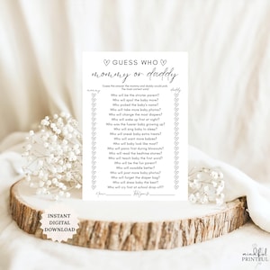 Add some laughs and friendly competition to your baby shower with this Guess Who: Mommy or Daddy Game! Guests will try to guess who’s more likely to handle all the new parent duties — from diaper duty to late-night feedings — making it the perfect icebreaker for any crowd.