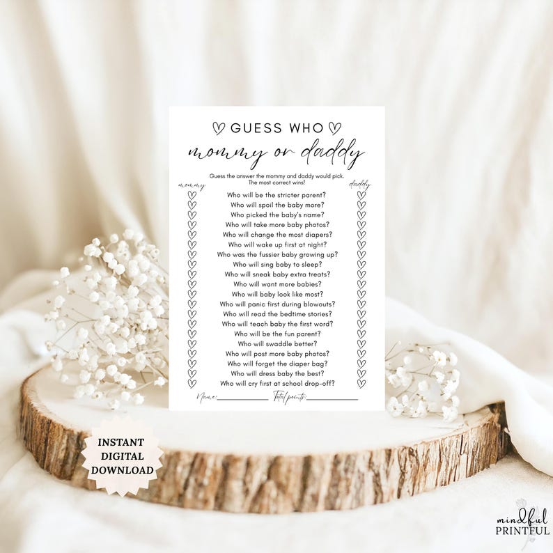 Add some laughs and friendly competition to your baby shower with this Guess Who: Mommy or Daddy Game! Guests will try to guess who’s more likely to handle all the new parent duties — from diaper duty to late-night feedings — making it the perfect icebreaker for any crowd.