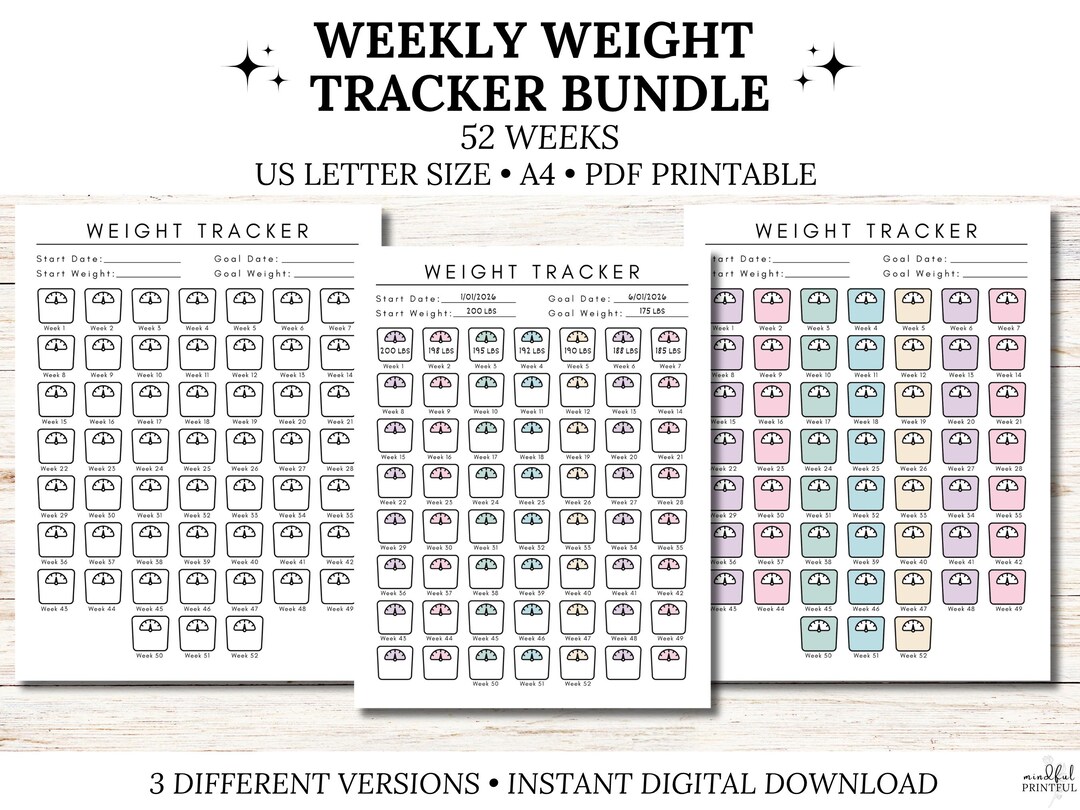 Weekly Weight Tracker Printable 52 Week Weight Loss Tracker Weight Goal ...
