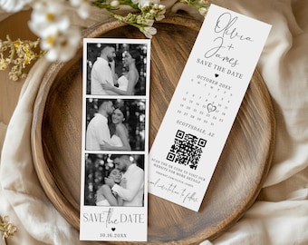 Plantilla para guardar la fecha en tiras de fotos, fotomatón, invitación para guardar la fecha, anuncio de boda moderno, invitación editable en Canva, código QR, calendario
