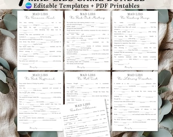 Paquete de juegos Mad Libs para club de lectura, imprimibles, divertidos juegos para club de lectura, actividades para fiestas de lectores, juego para amantes de los libros, plantilla editable de Canva para club de lectura.