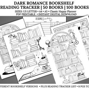 Rastreador de lectura de estantería de romance oscuro imprimible, registro de lectura, libros leídos imprimibles, lector 50 libros 100 libros, PDF, carta/A4/A5/HP Classic