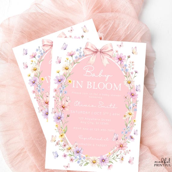Baby in Bloom Baby Shower Invitation Editable Canva Baby Shower Template Wildflower Baby Shower Invite Pink Bow Floral Shower Invitation