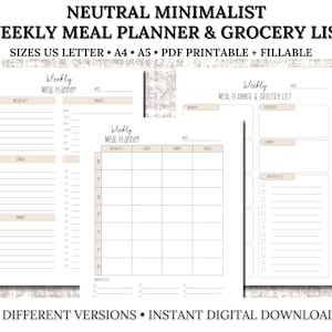 Minimalist Weekly Meal Planner with Grocery List Printable, Meal Planning, Meal Prep Template, Food Planner, A4/A5/Letter Fillable PDF