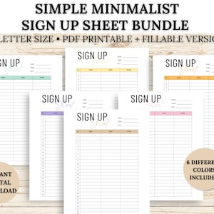 Könnte beinhalten: Ein Satz von sechs druckbaren Anmeldeformularen in verschiedenen Farben. Jedes Formular hat ein schlichtes Design mit dem Text "Sign Up Sheet" oben. Die Formulare sind für den Einsatz bei Veranstaltungen konzipiert und enthalten Spalten für Name, E-Mail und Telefonnummer.