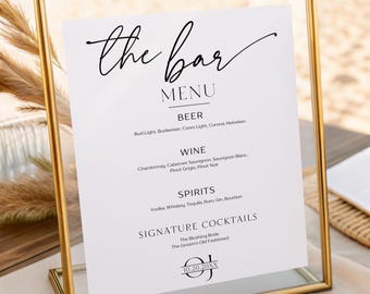 Plantilla de letrero de menú de bar, letrero minimalista para bar de bodas, menú de bebidas imprimible, letrero de cóctel exclusivo, menú de bar moderno, letrero editable en varios tamaños
