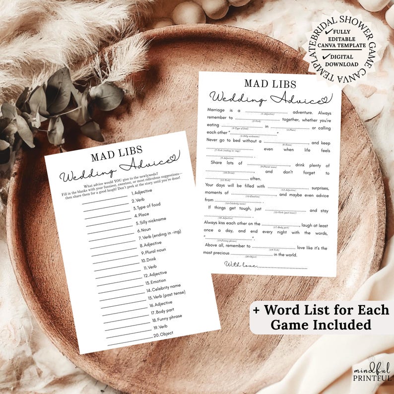 Bridal shower mad libs printable game bundle featuring 7 funny wedding-themed stories including The First Date, A Love Story, The Proposal, The Wedding Vows, A Wedding Story, The Honeymoon, and Wedding Advice. Perfect for bridal showers, bachelorette parties, rehearsal dinners, and wedding celebrations. Instant download party game with word lists and story pages for endless laughter and keepsake fun.
