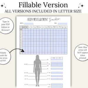 Puede incluir: Un rastreador de medidas corporales imprimible con un fondo azul claro. El rastreador incluye una tabla para registrar las medidas y una silueta de una persona con etiquetas para diferentes partes del cuerpo.