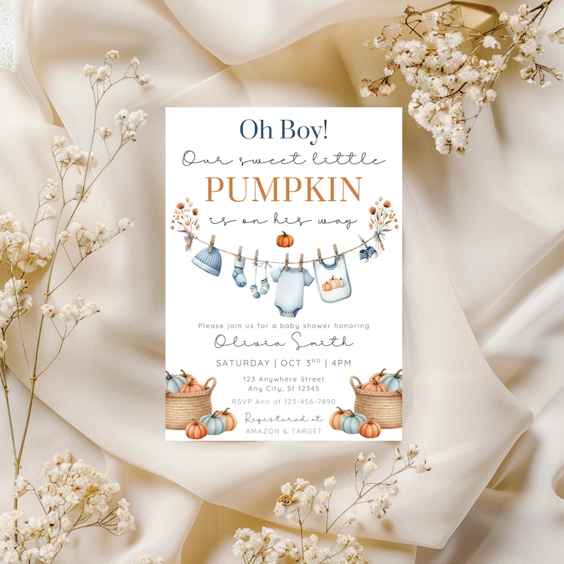Editable Oh Bpy little pumpkin baby shower invitation template with fall-themed clothesline blue baby boy design, pumpkins, and cozy autumn accents , customizable in Canva, digital 5x7 printable invite for fall baby shower celebrations. pumpkin baby invite, fall baby shower, autumn shower invite, little pumpkin card, rustic baby shower, editable fall invite, canva baby template, baby shower printable, cozy fall invitation, digital baby invite, harvest shower invite, gender neutral invite