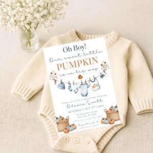 Editable Oh Bpy little pumpkin baby shower invitation template with fall-themed clothesline blue baby boy design, pumpkins, and cozy autumn accents , customizable in Canva, digital 5x7 printable invite for fall baby shower celebrations. pumpkin baby invite, fall baby shower, autumn shower invite, little pumpkin card, rustic baby shower, editable fall invite, canva baby template, baby shower printable, cozy fall invitation, digital baby invite, harvest shower invite, gender neutral invite