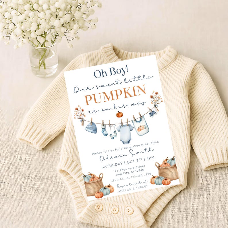 Editable Oh Bpy little pumpkin baby shower invitation template with fall-themed clothesline blue baby boy design, pumpkins, and cozy autumn accents , customizable in Canva, digital 5x7 printable invite for fall baby shower celebrations. pumpkin baby invite, fall baby shower, autumn shower invite, little pumpkin card, rustic baby shower, editable fall invite, canva baby template, baby shower printable, cozy fall invitation, digital baby invite, harvest shower invite, gender neutral invite