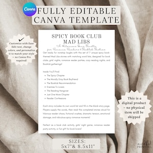 Puede incluir: Una plantilla digital de Canva para un paquete de juegos Mad Libs Spicy Book Club. El documento presenta texto negro sobre un fondo blanco, enumerando siete t&iacute;tulos de historias, incluidos The Spicy Chapter, The Morally Gray Book Boyfriend y Reader Confessions.