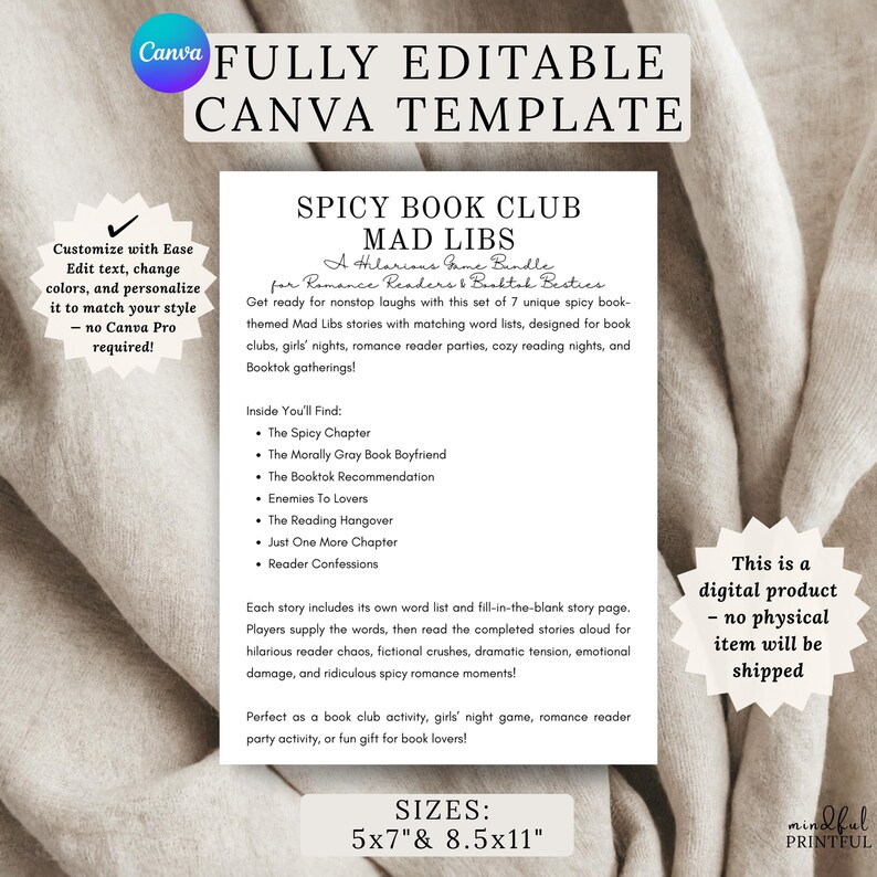 Puede incluir: Una plantilla digital de Canva para un paquete de juegos Mad Libs Spicy Book Club. El documento presenta texto negro sobre un fondo blanco, enumerando siete t&iacute;tulos de historias, incluidos The Spicy Chapter, The Morally Gray Book Boyfriend y Reader Confessions.