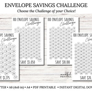 May include: Printable envelope savings challenge with three different options: save &pound;1,275, &pound;5,050, or &pound;10,100. Each option has a grid of circles with numbers to track savings.