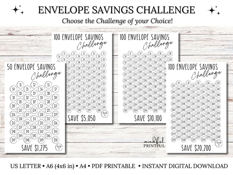 May include: Printable envelope savings challenge with three different options: save &pound;1,275, &pound;5,050, or &pound;10,100. Each option has a grid of circles with numbers to track savings.