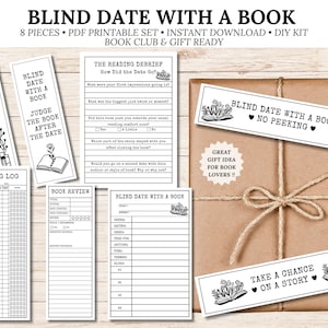 May include: A 'Blind Date with a Book' kit, featuring printable bookmarks, a reading log, and a book review sheet. The kit includes a wrapped package with a decorative bow and tags with phrases like 'Blind Date with a Book' and 'Take a Chance on a Story'.