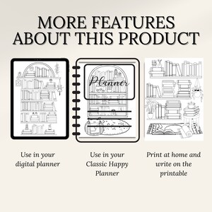 May include: Black and white printable planner sticker featuring a bookshelf with books and plants. The sticker can be used in digital planners, classic happy planners, or printed at home.