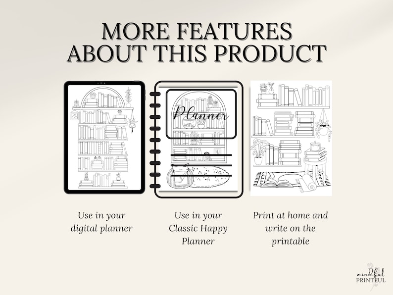 May include: Black and white printable planner sticker featuring a bookshelf with books and plants. The sticker can be used in digital planners, classic happy planners, or printed at home.