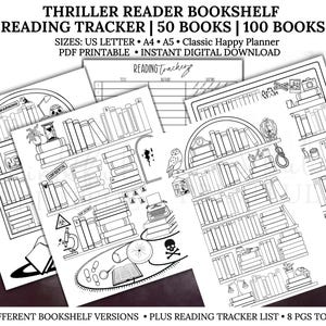 Rastreador de lectura de estantería de libros de suspense imprimible, registro de lectura, libros leídos imprimibles, lector de 50 libros, 100 libros, PDF, carta/A4/A5/HP Classic