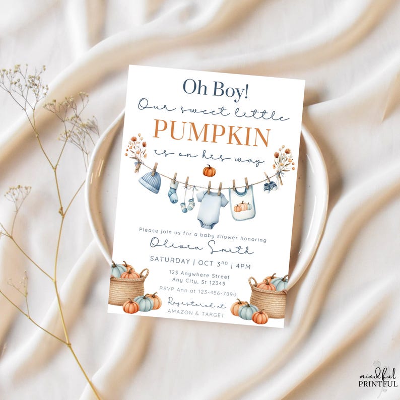 Editable Oh Bpy little pumpkin baby shower invitation template with fall-themed clothesline blue baby boy design, pumpkins, and cozy autumn accents , customizable in Canva, digital 5x7 printable invite for fall baby shower celebrations. pumpkin baby invite, fall baby shower, autumn shower invite, little pumpkin card, rustic baby shower, editable fall invite, canva baby template, baby shower printable, cozy fall invitation, digital baby invite, harvest shower invite, gender neutral invite
