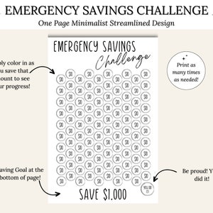 May include: A black and white printable chart for an emergency savings challenge. The chart has 100 circles, each representing &pound;10. Colour in the circles as you save to track your progress. The goal is to save &pound;1,000. The text "You did it!" is at the bottom of the chart.