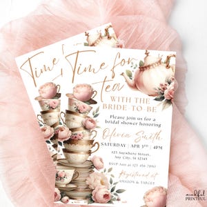 Plantilla editable de invitación para despedida de soltera con temática de té, diseño floral rosa, "Hora del té", invitación para despedida de soltera de la futura novia.