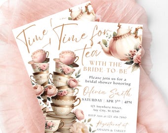 Tea Party Bridal Shower Invitation Editable Template Pink Floral Time for Tea Bride To Be Wedding Shower Invitation Tea Shower Invite