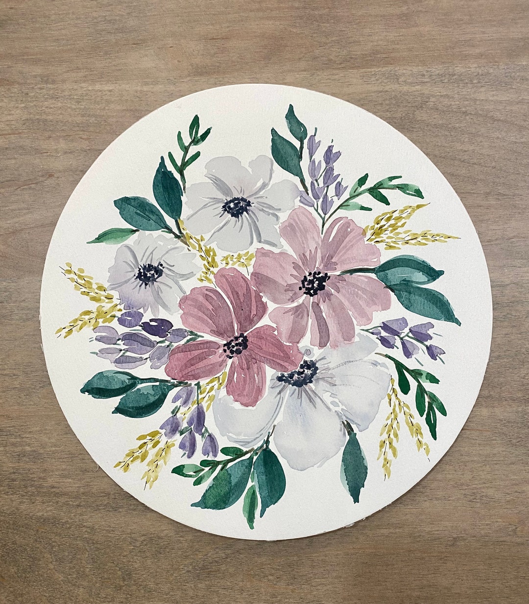 Original Watercolor Floral Painting 10" Round - Etsy