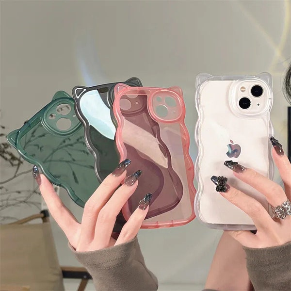 Korea 3D Cute Cat Ear Wavy Edge Clear Soft Phone Case For iPhone 13 Pro Max 12 11 X XS XR 7 8 Plus Funny Protective Back Cover