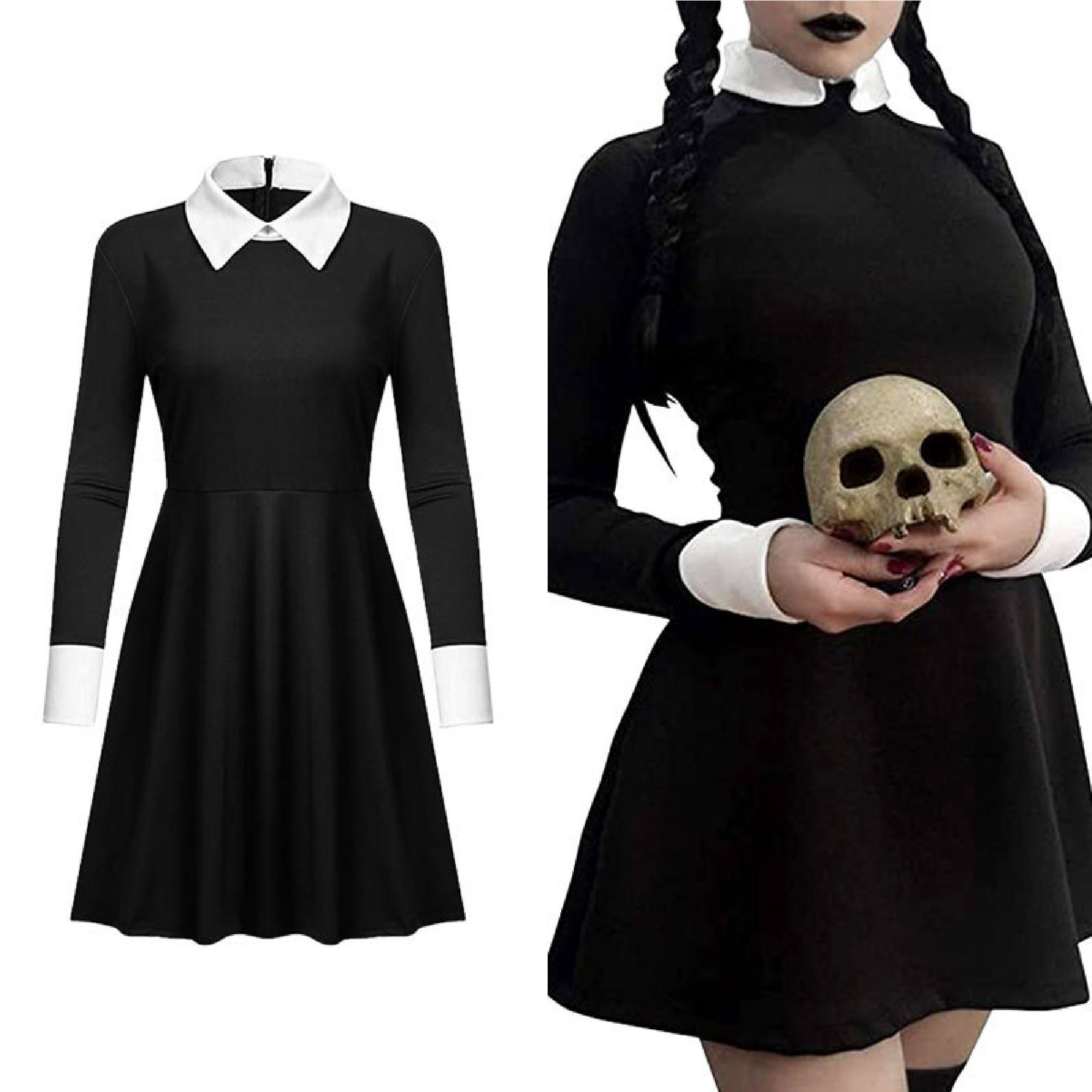 Wednesday Addams Cosplay Costume Women Black Dress Outfits Carnival Printed  Suit (150cm dress)