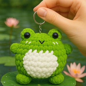 Handmade Chubby Crochet Frog Plush Keychain – Cute Green Amigurumi Stuffed Animal Toy Key Ring for Backpack, Purse, Car Keys & Gift Lovers