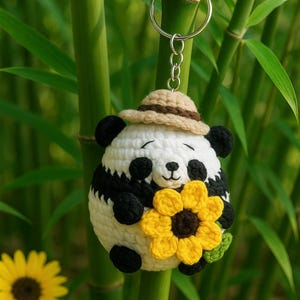 Crochet Panda Keychain – Handmade Amigurumi Panda Plush Toy with Sunflower, Cute Animal Bag Charm, Kawaii Panda Gift for Kids, Animal Lovers