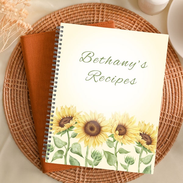 Custom Sunflower Recipe Book , Personalized Gift for Cook, Chef, Baker, Mom, Blank Cookbook, Hardcover Softcover Spiral Cooking Journal