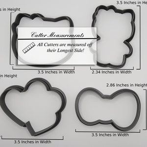 May include: Four black cookie cutters, each with a different shape: a heart, a bow, a cloud, and a rectangle. The cutters are measured in inches and the measurements are listed on the image. The text "Cutter Measurements" and "All Cutters are measured off their Longest Side!" is also included in the image.