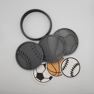 Sports Themed Cookie Cutters Set (Baseball, Basketball, Soccer) - Fondant, Craft Clay, Polymer Cutters Set of 1 Cutter and 3 Stamps