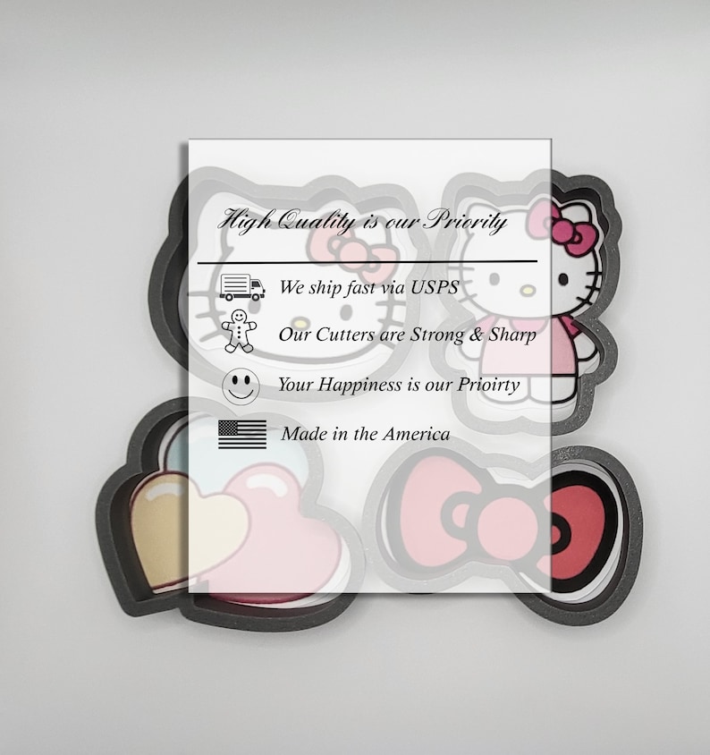 May include: A set of cookie cutters featuring Hello Kitty, a heart, and a bow. The cutters are made of metal and have a black finish. The text "High Quality is our Priority" is printed on the background.