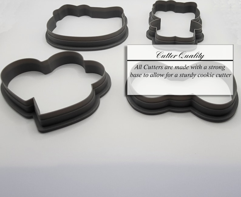 May include: Three gray plastic cookie cutters, one shaped like a heart, one shaped like a cloud, and one shaped like a rectangle. The text "Cutter Quality" is printed on a white label, with the text "All Cutters are made with a strong base to allow for a sturdy cookie cutter".