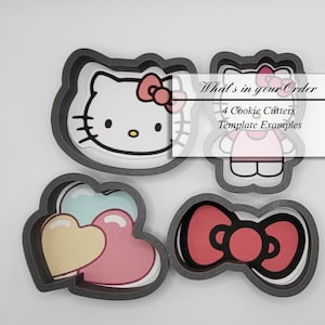 May include: Four cookie cutters, including a Hello Kitty design, a bow, a heart, and a full-body Hello Kitty design. The text "What's in your Order" and "4 Cookie Cutters Template Examples" is displayed above the cookie cutters.
