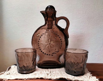 Vintage Decanter With Glasses Amethyst Color Jim Beam Whiskey Glass Star Pattern