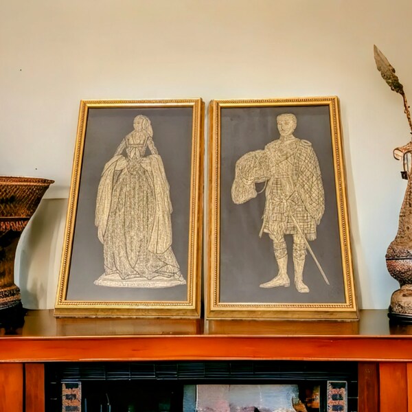 Regal Charm: Queen of England, Anne Boleyn Gold Framed Brass Rubbing Art + Lt. Nigel Neis Ramsay Brass Rub. Elegant Wall Hangings