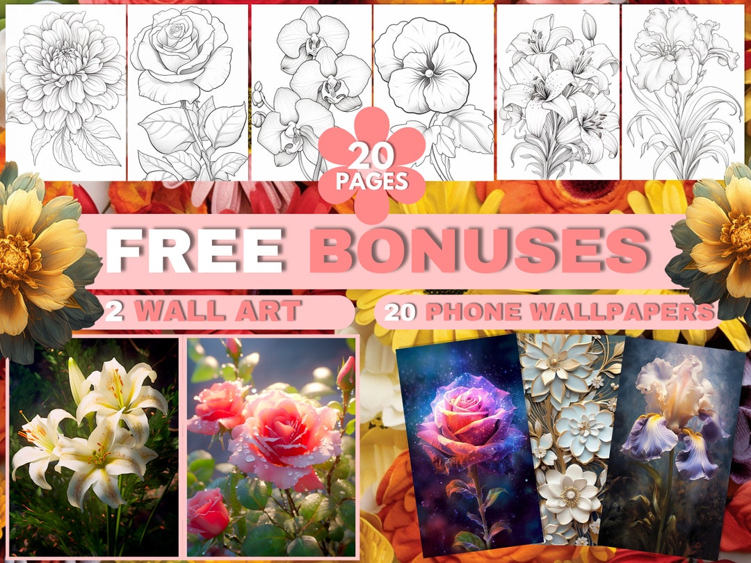 20 Flower Coloring Page Book for Adults and Kids, Grayscale Coloring ...
